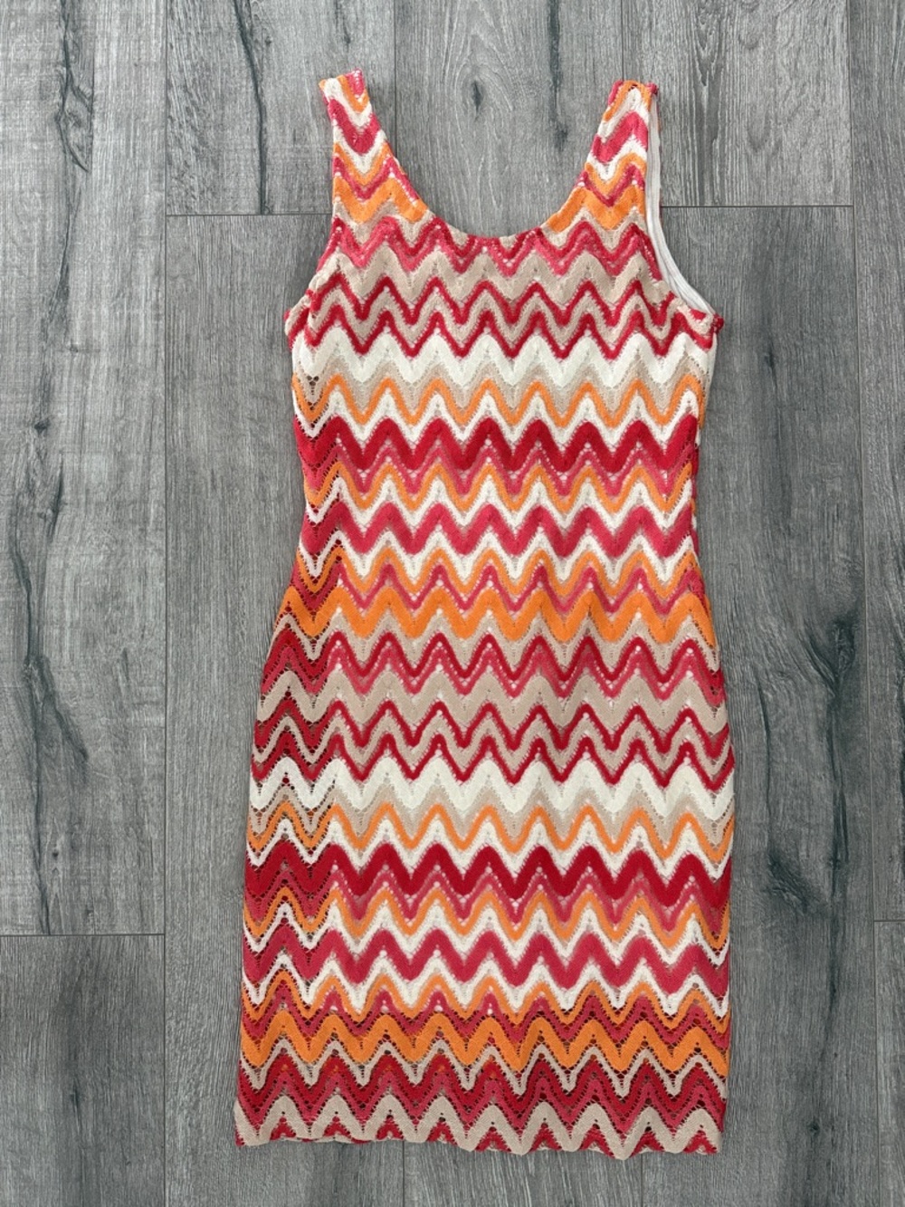 Sleeveless Chevron Knit Bodycon Dress in Pink, Orange & Cream